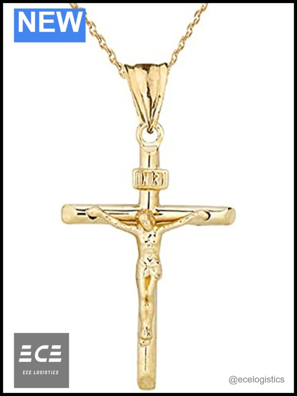 14K Yellow Gold INRI Crucifix Cross Pendant Necklace 23mm Tall Rolo Chain